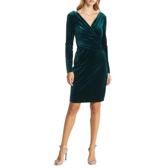Eliza J Velvet Long Sleeve V-Neck Midi Sheath Cocktail Party Dress Green Size 12 - Picture 11 of 12